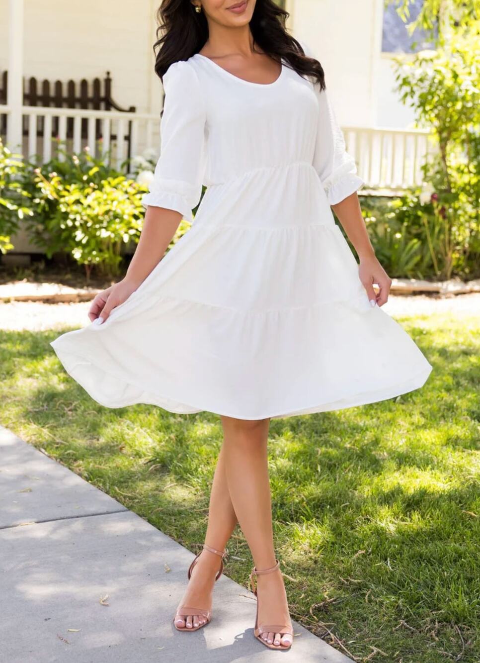 Reborn J White V Neck Tiered Knee Length Modest Dress Sz L NEW Engagement Casual